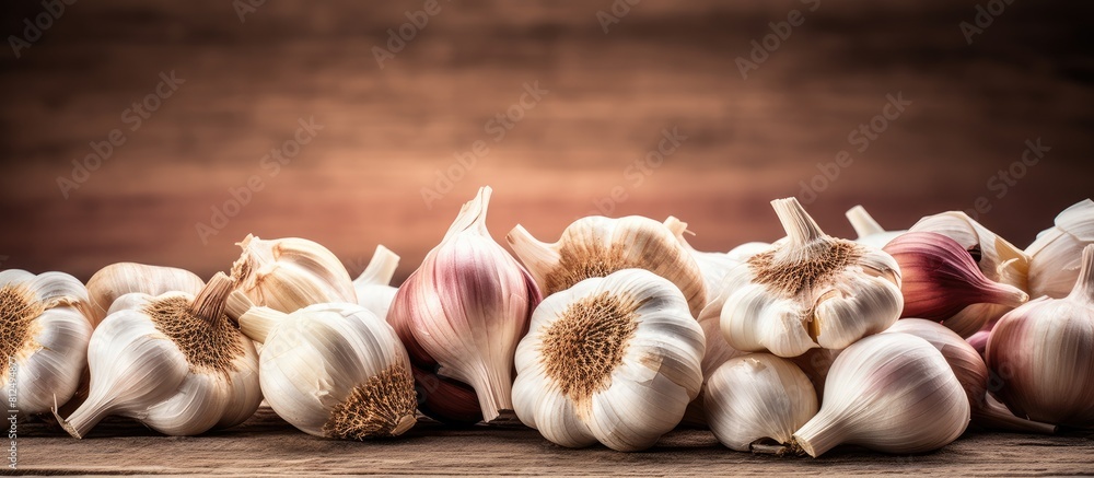 Poster A copy space image of garlic and garlic cloves arranged on a rustic wooden table emphasizing the idea of a healthy lifestyle