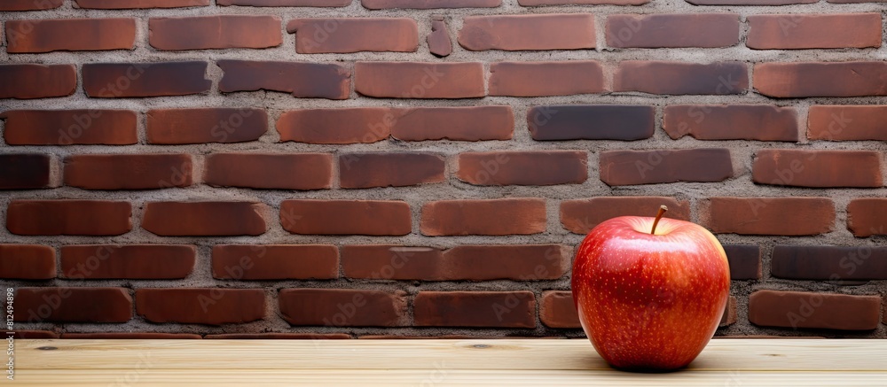 Poster A copy space image of an apple placed on a wooden table with a red brick wall as the backdrop