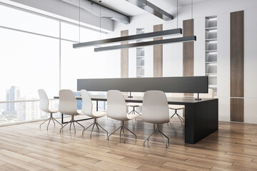 Modern office interior with a wooden conference table, white chairs, and large windows, showcasing...