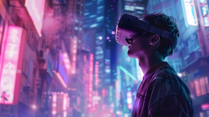  young emotional people on multicolored background in neon light. Concept of human emotions, facial expression, sales. Smiling, playing videogames with VR-headset, modern