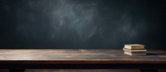 A copy space image of an open book on a wooden school desk with the school blackboard background