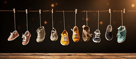 Copy space image with baby shoes and a photo hanging on a wooden clothesline backdrop