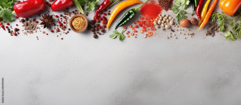 Poster Gray background image with assorted pepper types and blank space for text. Creative banner. Copyspace image