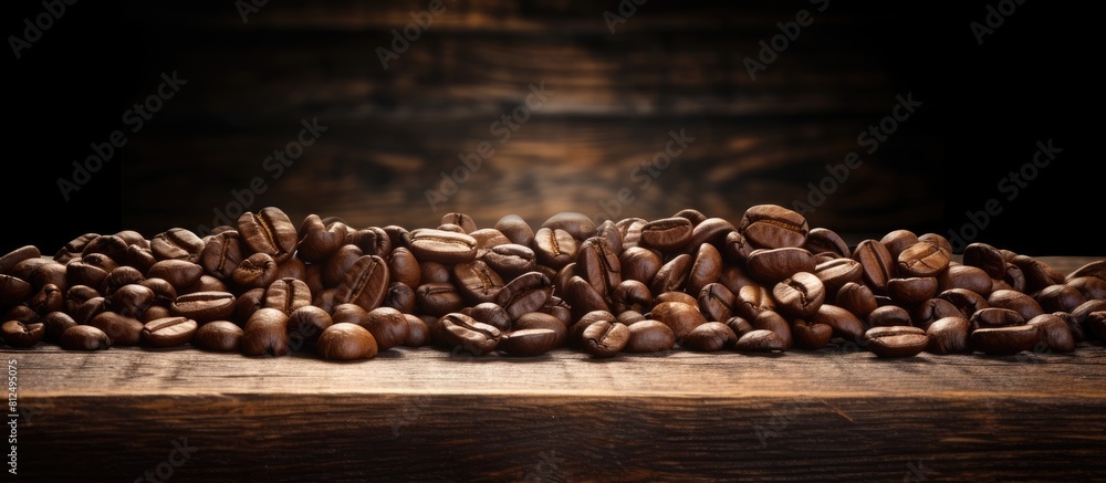 Poster A copy space image of coffee beans resting on a rustic wooden table