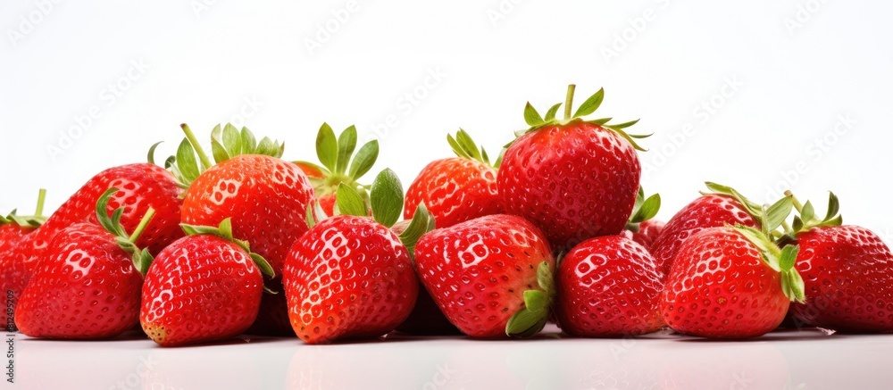 Poster Close up image of fresh strawberries captured in a macro shot with a clean white background and ample space surrounding the berries