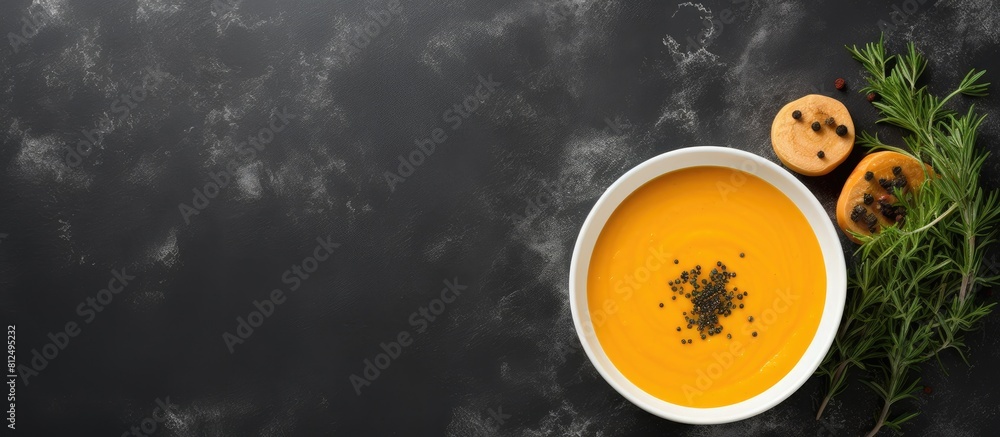 Poster A copy space image of butternut squash soup with black pepper displayed from an overhead perspective on a smooth grey slate surface