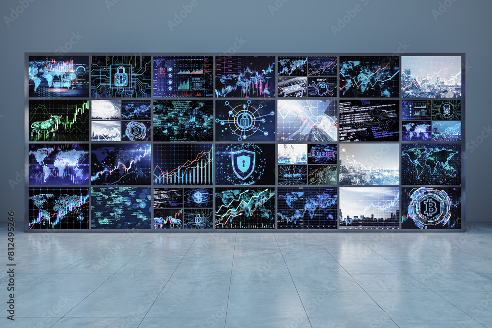Poster abstract dark screen interior with reflections on floor. information leak, news and security concept