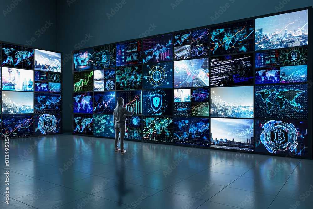 Poster user hacker in hoodie standing in creative dark screen room with reflections on floor. information l