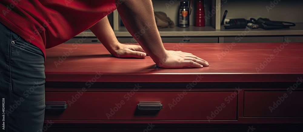 Poster Closeup of a man working with a drawer indoors with ample space for text in the image