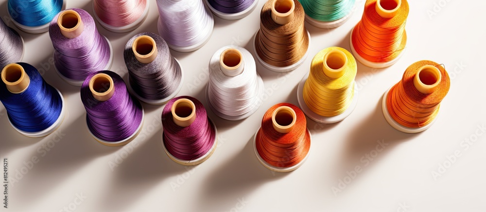 Poster Copy space image of a cluster of sewing spools and two needles set against a white background casting authentic shadows