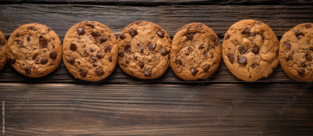 Poster a copy space image of chocolate chip cookies on a wooden background