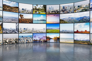 Creative video wall in television production room as technology concept with colorful screens and...