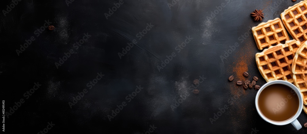 Poster a copy space image of espresso coffee and dutch waffles or syrup waffle cookies with chocolate arran