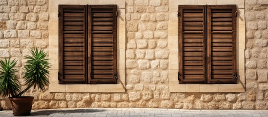 Obraz premium A copy space image of wooden shutters on a window contrasting with a stone wall backdrop