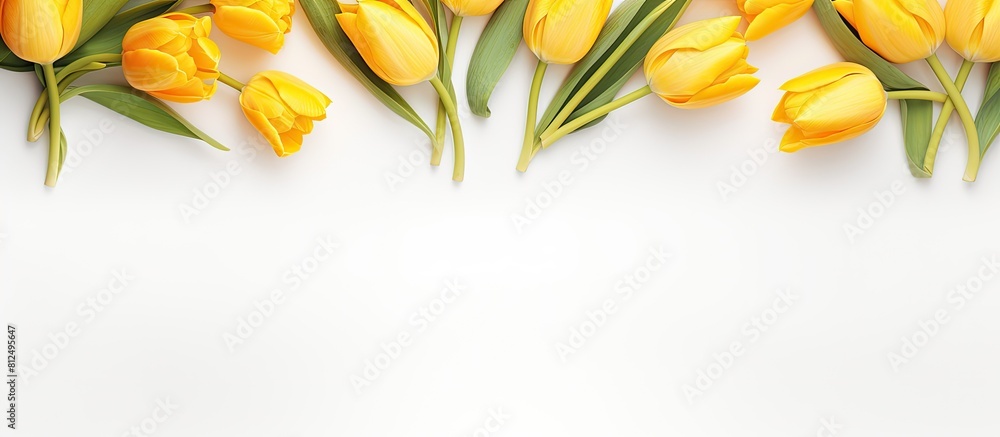 Leinwandbilder Top view image of a delicate spring composition with yellow tulips on a white background creating a border with copy space