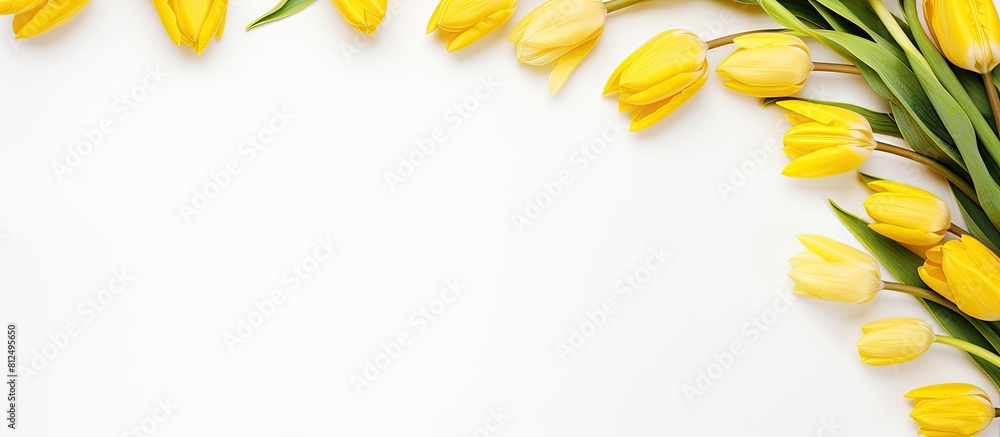 Aufkleber Top view image of a delicate spring composition with yellow tulips on a white background creating a border with copy space