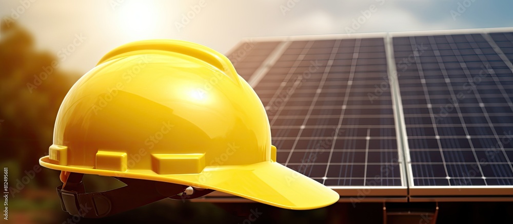Poster a copy space image depicts the concept of solar panel energy against a natural background with the a