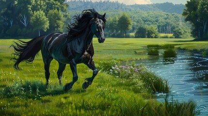 Intriguing 3D painting showcasing a regal black mare, its glossy coat and flowing mane meticulously rendered in lifelike detail. 
