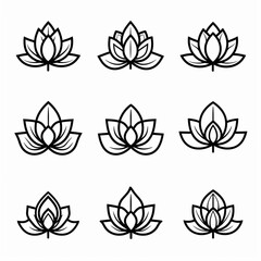 
set of simple vector lotus flower icons, black and white, in the style of flat design, no shadows, white background, simple shapes, flat vector graphics, symmetrical