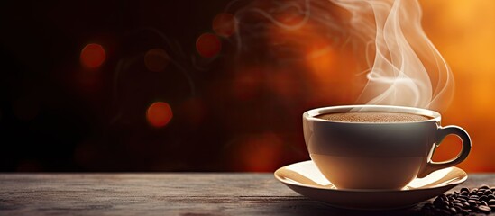 A close up copy space image of a delightful steaming cup of coffee