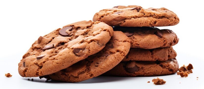A copy space image of delectable crispy chocolate cookies against a pristine white backdrop