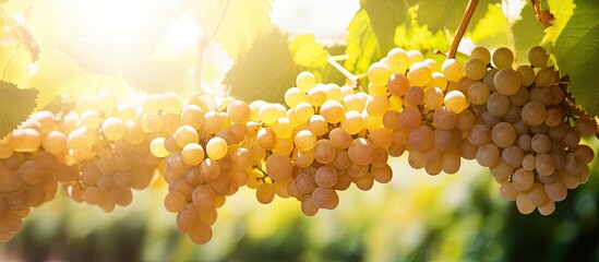 Copy space image of sun drenched grape bunches with backdrop of grapevines