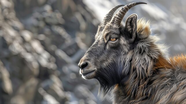 A sure-footed mountain goat stands on a rocky ledge, its long horns curving gracefully.