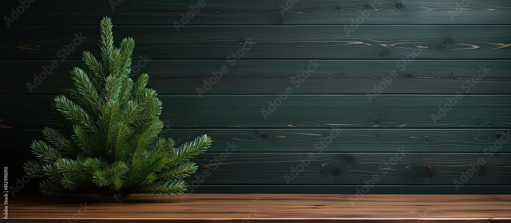 Aufkleber a copy space image of a fake green spruce with room for writing on a backdrop of real wood
