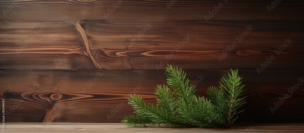 Poster A copy space image of a fake green spruce with room for writing on a backdrop of real wood