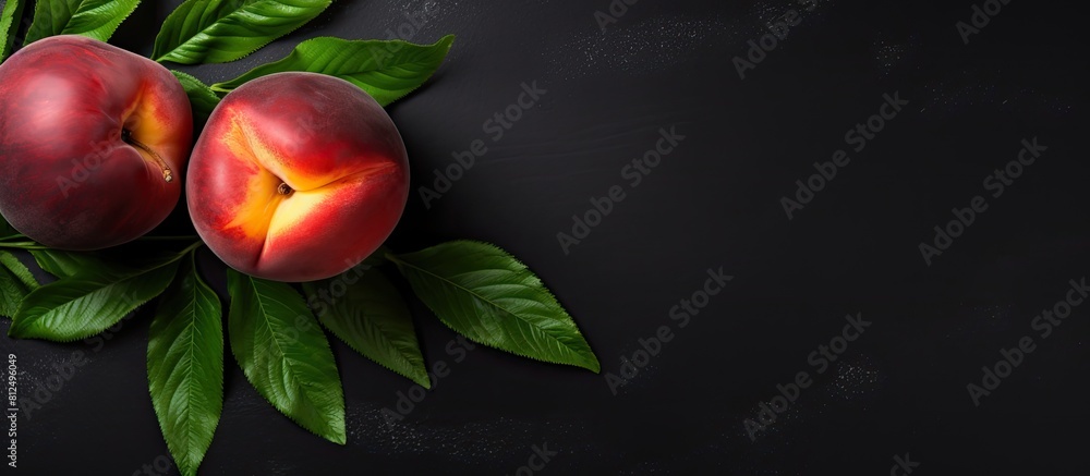 Poster Top view of a ripe nectarine with leaves isolated on a white background The image features copy space for your text creating a flat lay pattern
