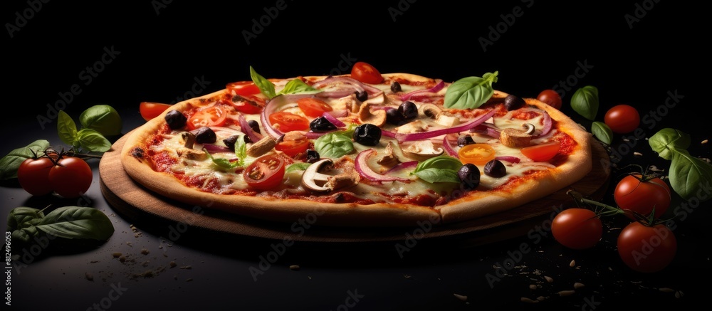 Poster the image features a vegetarian pizza on a dark background. creative banner. copyspace image