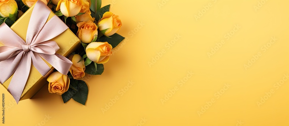 Aufkleber Flat lay image featuring a gift box adorned with a golden bow and a stunning bouquet of roses all placed on a yellow background Copy space available for adding text