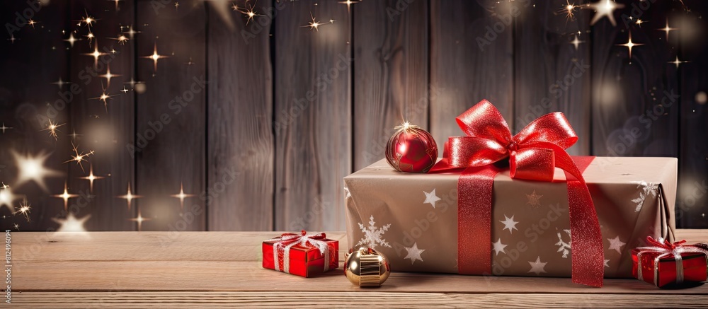 Poster a copy space image featuring a festive christmas gift box adorned with a vibrant red ribbon resting 