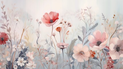 Elegant Botanical Watercolor Illustration with Pastel Colored Poppies and Flowers.