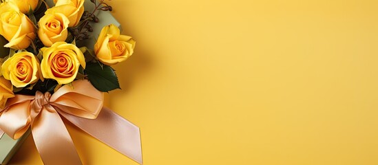 Flat lay image featuring a gift box adorned with a golden bow and a stunning bouquet of roses all placed on a yellow background Copy space available for adding text