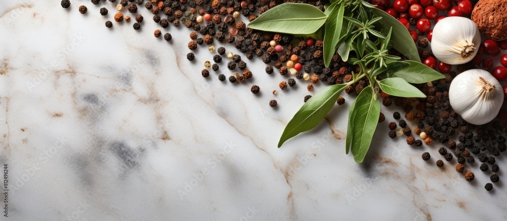 Poster a copy space image featuring a bird s eye view of peppercorns alongside soy sauce seasoned with onio