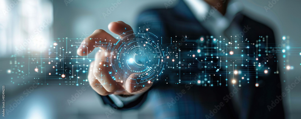 Aufkleber a man is holding a blue button with a lot of dots on it. concept of technology and innovation, as th