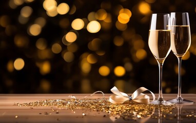 Elegant champagne flute on a reflective table with golden confetti around, featuring a blank card for New Year wishes or party invitations