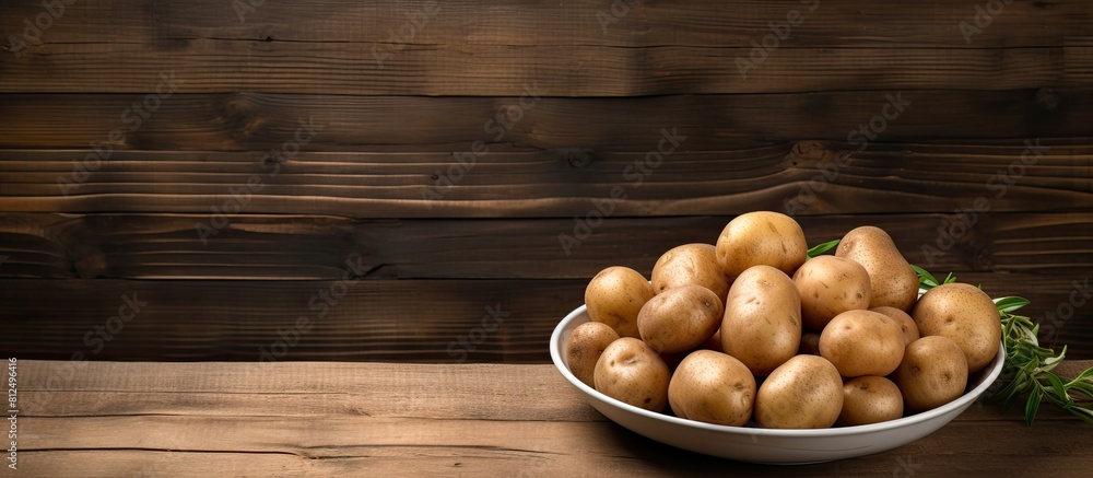 Aufkleber A copy space image featuring a plate of uncooked potatoes is placed on a rustic wooden table