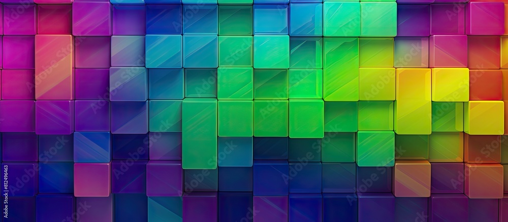 Poster A horizontal copy space image featuring a mesmerizing geometrical pattern made from vibrant green violet pink and yellow paper creates an abstract blank background for a unique template