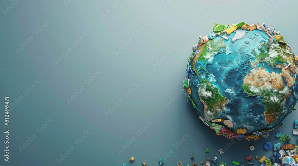 Poster a globe with a blue background and a lot of trash on it. the trash is scattered all over the globe, 