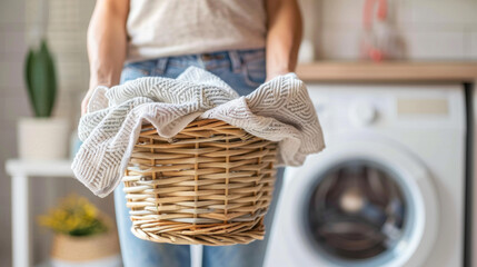 A woman is holding a basket full of clothes and a towel. The basket is made of wicker and is placed next to a washing machine. Concept of domesticity and the importance of keeping one's clothes clean - Powered by Adobe