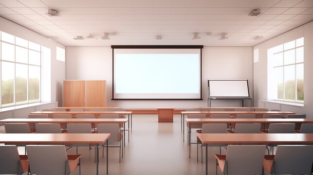 Empty lecture hall with a large projection screen, ideal for educational content or conference promotions