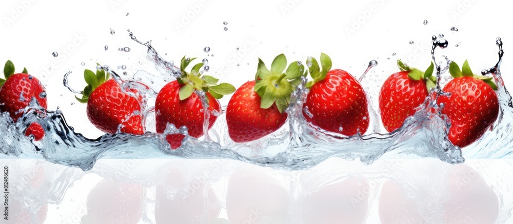 Poster a copy space image featuring ripe strawberries submerged in a vibrant water splash against a white b