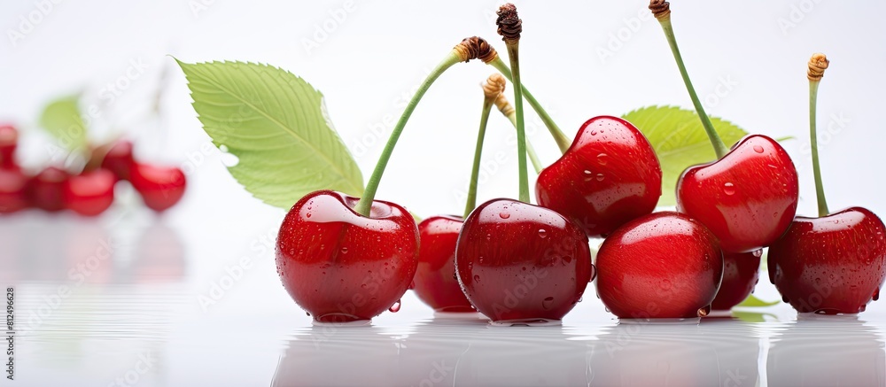 Poster a copy space image featuring a ripe and sweet cherry set against a clean white background