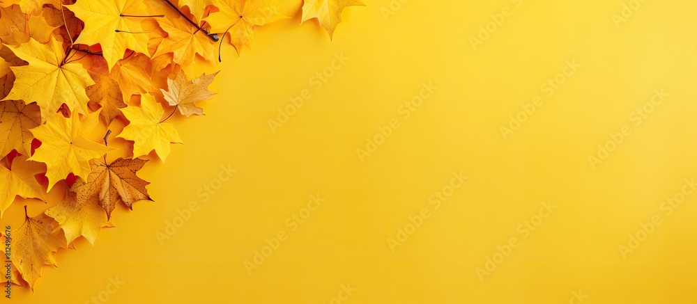 Poster a copy space image featuring autumn themed maple leaves placed centrally on a yellow background