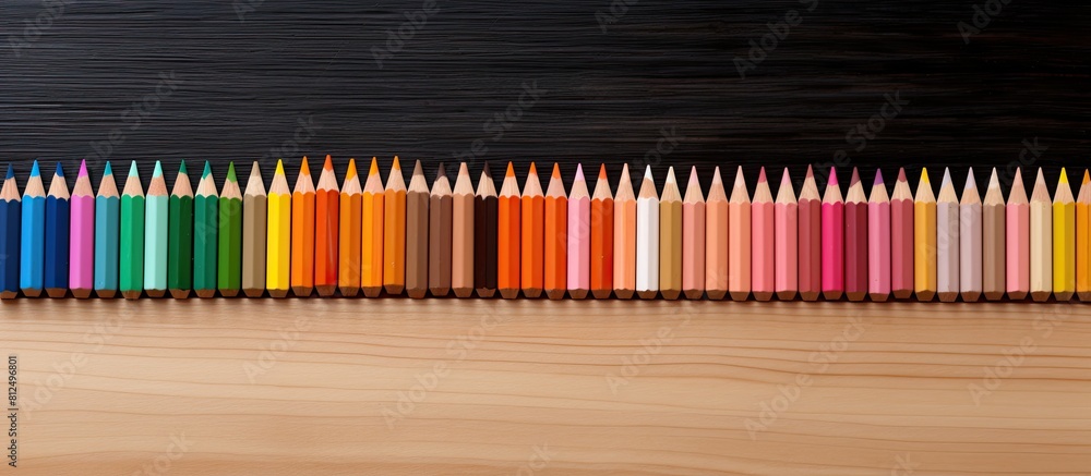 Poster a copy space image featuring vibrant adhesive labels on a ruler and a cluster of pencils up close ne