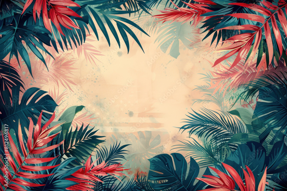 Poster a colorful background with green and red leaves. the leaves are in various sizes and are scattered t