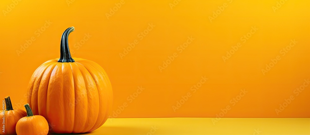 Poster Yellow background with copy space image featuring a fresh whole orange pumpkin providing ample room for text