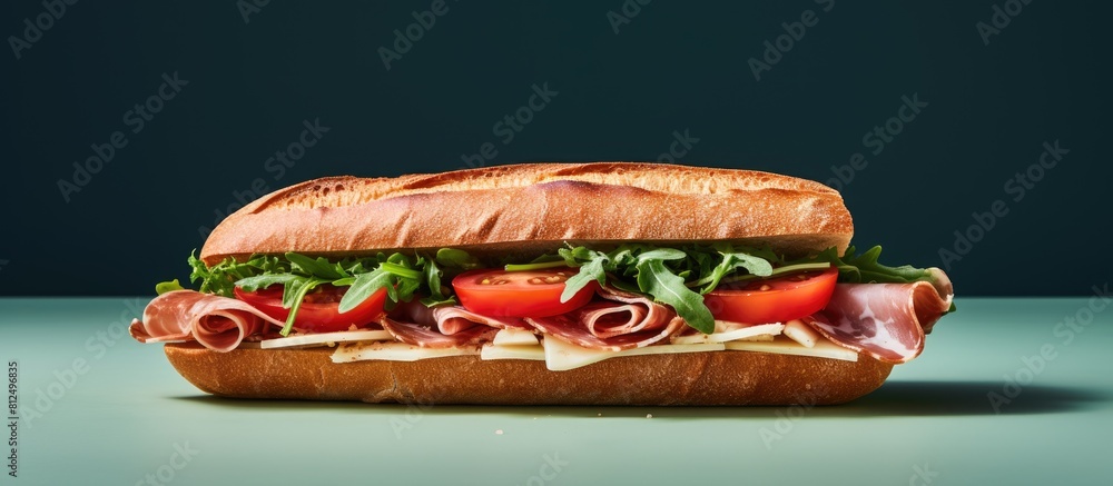 Poster a copy space image featuring a wooden board with a baguette toast adorned with arugula mortadella ha